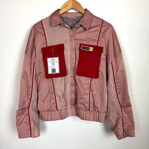 HEURUEH Women's Pink Cropped Bomber Worker Jacket Design Lab